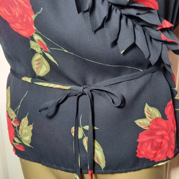Size 12 Quite Sheer Unusual Collar Rose Print Chiffon Wrap Top - Picture 5 of 9